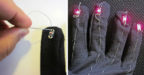 Sewing wearable circuit and finished and lit LED dance glove