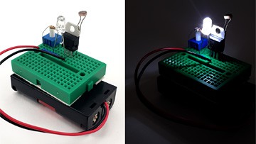 Two photos of an assembled night light with it off on the left and lit on the right