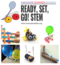 Propeller car, wooden stick chain reaction, balloon car, simple homopolar electric motor, balloon hovercraft, wall marble run from cardboard tubes and tape  Week 10 Ready, Set, Go - part of Awesome Summer Science Experiments series