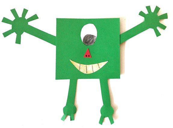 Alien baby with rectangular body, green color, one eye, no hair, no ears, two arms, six fingers, two legs, two toes, a triangular nose.