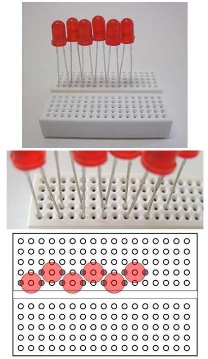 Two photos and a drawing show six red LEDs arranged in alternating rows on a breadboard