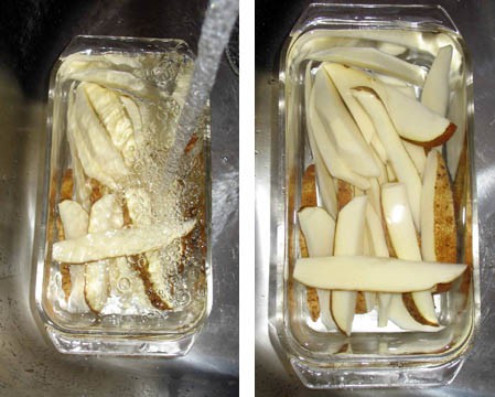 Two photos showing both the rinsing and soaking of raw potato wedges in cold water