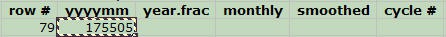 Cropped screenshot of a cell in a spreadsheet for sunspots being copied within Microsoft Excel