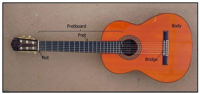 Guitar with parts labeled