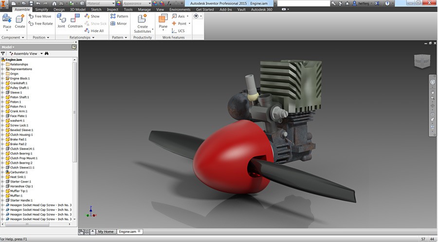 Screenshot of an engine and propeller rendered in a program called Autodesk Inventor