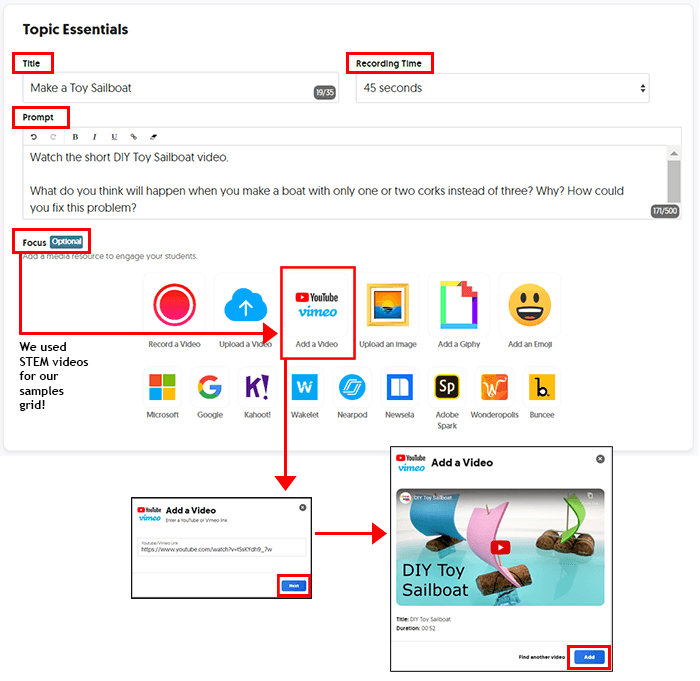 Diagram of the essentials that get added when setting up a new topic in FlipGrid, including title, prompt, and length of response time