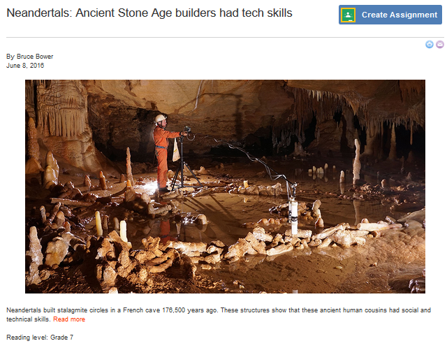 Screenshot of a news article titled Neandertals: Ancient Stone Age builders had tech skills on ScienceBuddies.org