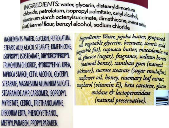 Three images of ingredients lists for different moisturizers