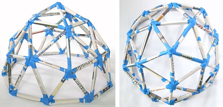 Five newspaper tubes connect at the top of a geodesic dome