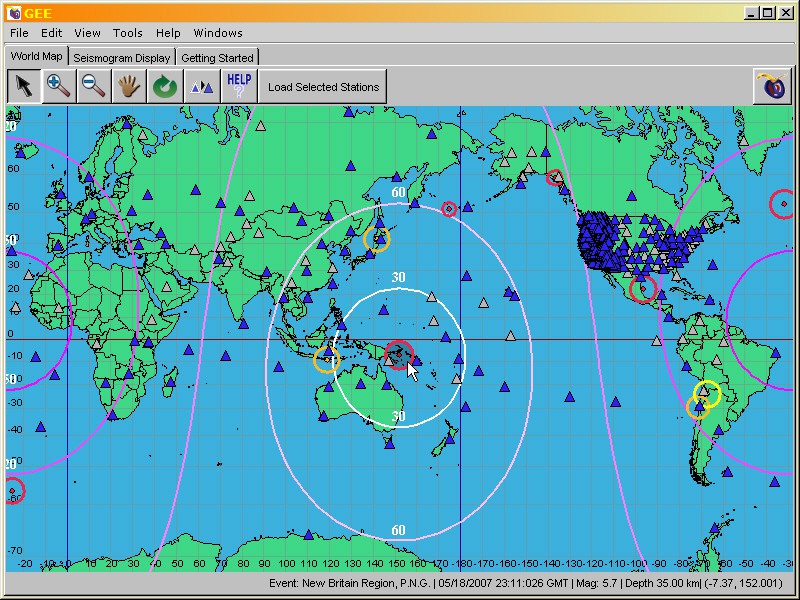 Screenshot of a world map in the program Global Earthquake Explorer