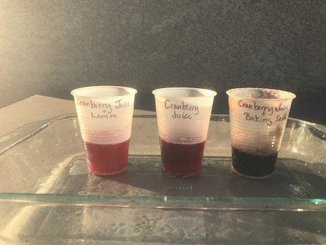 Three cups: the first filled with cranberry juice and lemon, the second filled with cranberry juice, and the third filled with cranberry juice and baking soda.