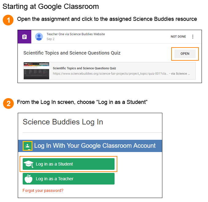Cropped screenshots of an assignment in Google Classroom and a Google Classroom login prompt on ScienceBuddies.org