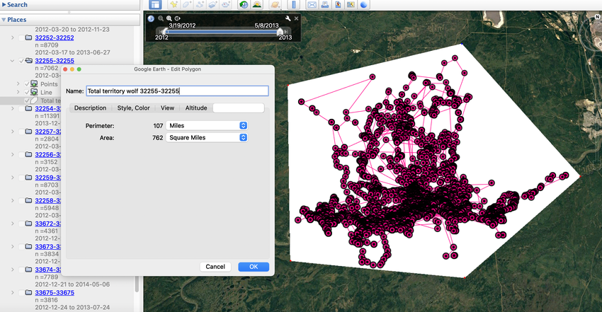 Satellite image of Alberta in the United States with markers placed along the movement tracks one grey wolf. A white polygon marks the total territory of the wolf. 