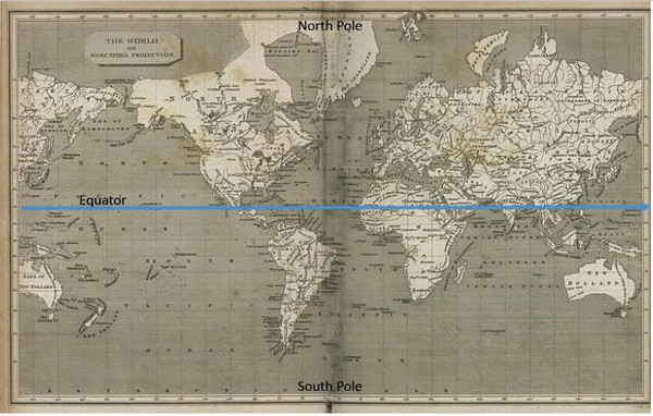 Mercator map with the equator, the north and south pole indicated.  