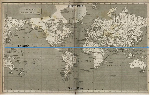 Mercator map with the equator, the north and south pole indicated.