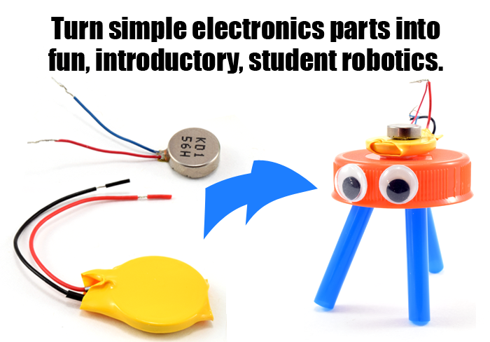 A vibrobot made from a coin battery, small motor, cut straws and a bottle cap