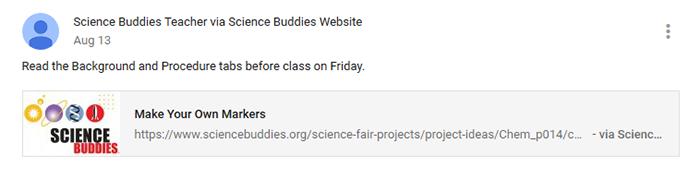 Cropped screenshot of a link to an article in a Google Classroom announcement