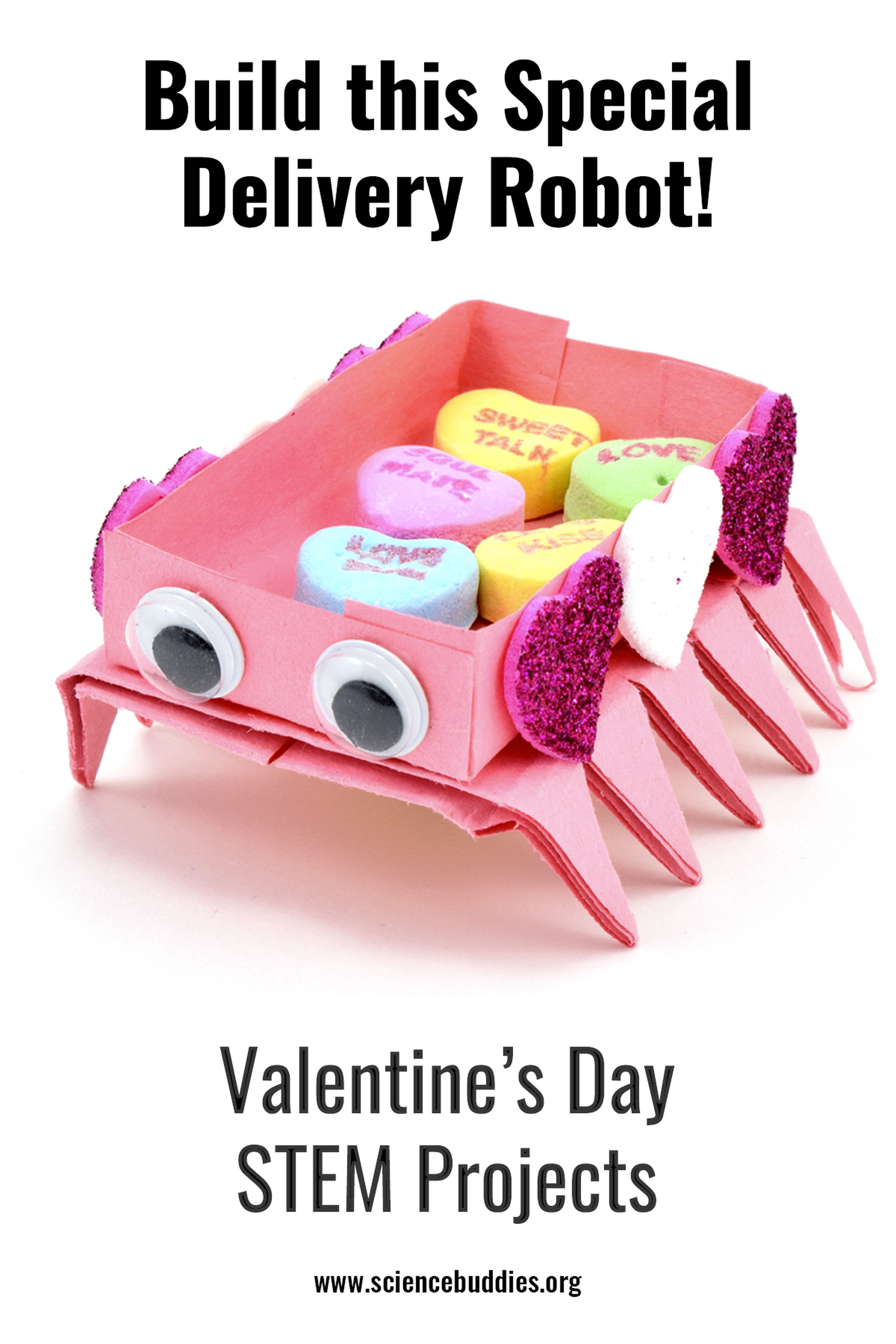 Valentine's Day STEM Experiments - simple vibrating robot with googly eyes and carrying heart shaped candies