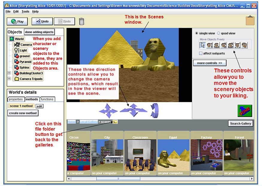 Screenshot of the scene building window in Storytelling Alice showing scene objects