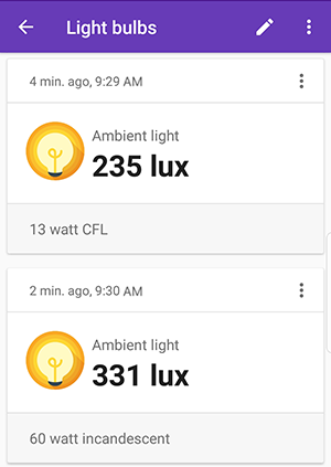 Screenshot shows two snapshots of an ambient light sensor card in the Google Science Journal app