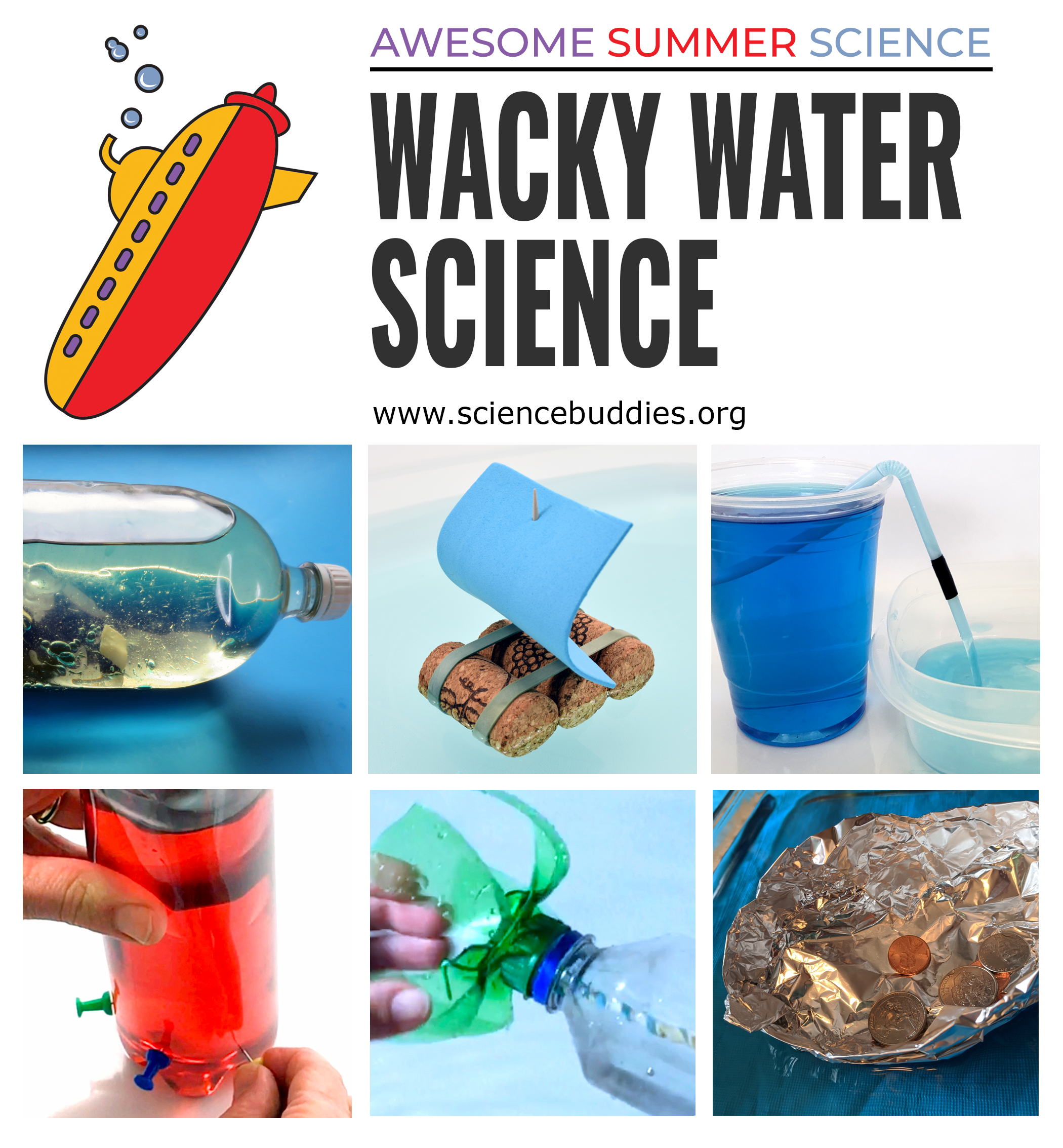 Aluminum foil boat, cork sailboat, bottle submarine, straw siphon, and bottle with pushpins poked through for Wacky Water Week 8 - part of Awesome Summer Science Experiments series