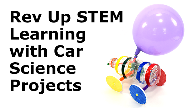 Example of a balloon-powered car made from a recycled plastic bottle straws and cardboard and decorated with tape
