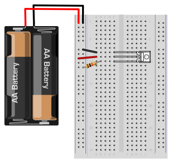 Diagram of two double A batteries wired to a breadboard that holds a light-to-voltage converter