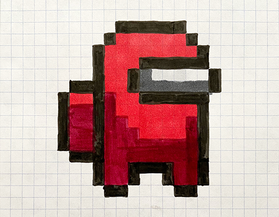 Graph paper with a popular video game character shown in colored squares representing pixels