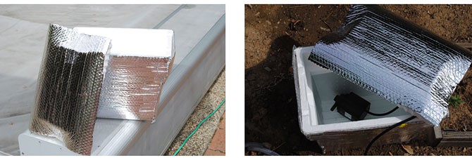 Photo of insulation used to wrap a cooler next to a photo of a cooler filled with water and a pump