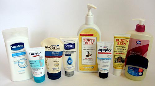 Nine different types of moisturizers are placed in a line