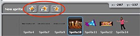 Three star buttons to create new sprites within the Scratch program