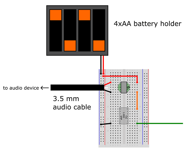 Wiring diagram shows two leads from a battery pack and audio cable being connected to a breadboard