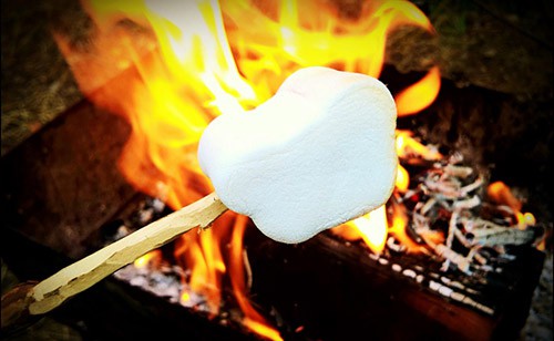 Photo of a marshmallow on a skewer over an open flame