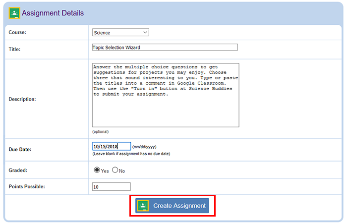 Cropped screenshot of an assignment being created for Google Classroom