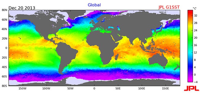 A heatmap of the world's oceans and their surface temperatures