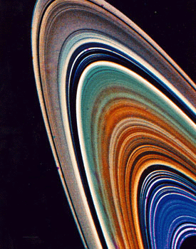 Altered photo of Saturn's rings show each layer of the ring in a different color