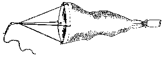 Diagram of a net has four supports holding the mouth of a bag open while the other end of the bag is tied together