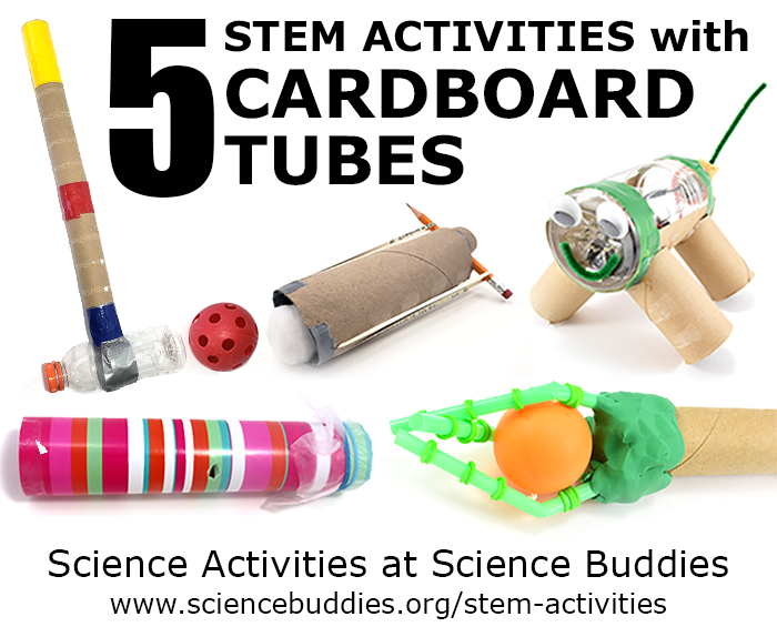 Photo collage of five STEM projects based around cardboard tubes