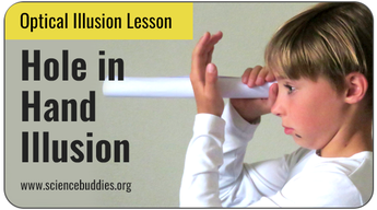 Optical Illusion Science Projects: Student with a tube held to the eye and looking at outstretched hand 