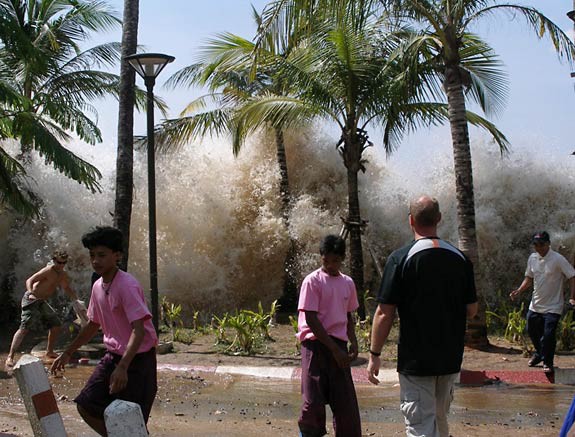 Photo from a street view of ocean waves approaching that reach the height of nearby palm trees