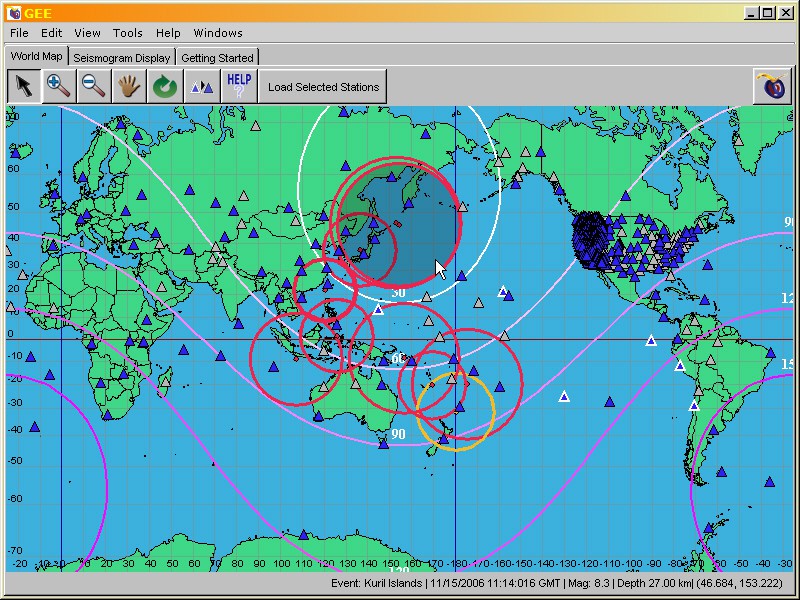 Global Earthquake Explorer World Map shows multiple earthquakes on the western side of the Pacific ocean