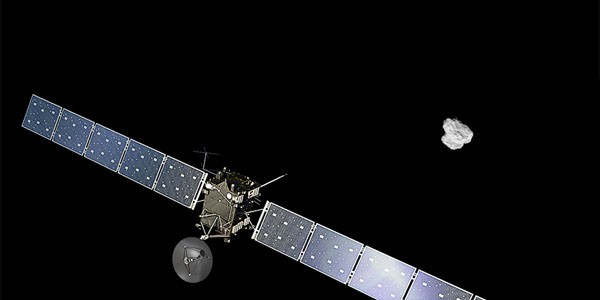 A rendering of the Rosetta Satellite arriving at Comet 67P. ESA
