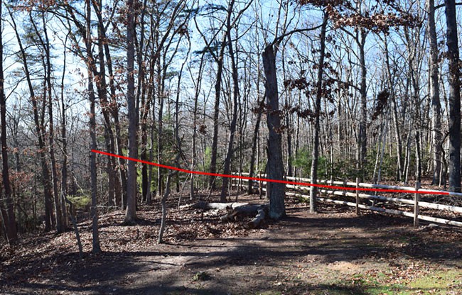 Photo of a long wire highlighted in red that is strung between two trees
