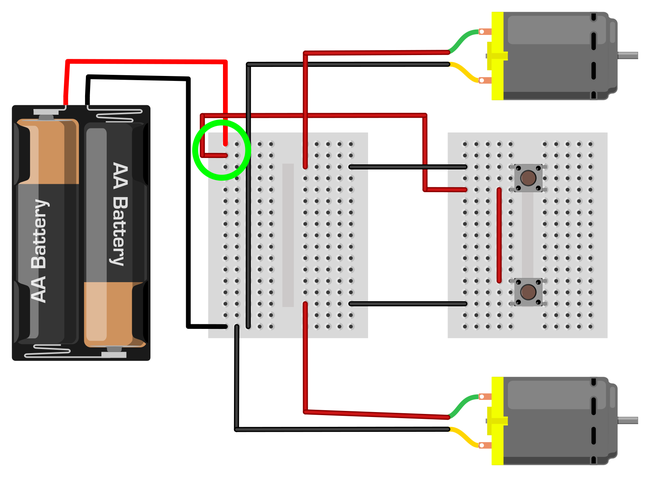 Breadboard diagram for the robot that is identical to the correct diagram in figure 6 with one exception. The jumper wire by the battery pack's red wire is in an adjacent row, not the same row, so the wires are not connected and there is an open circuit.  