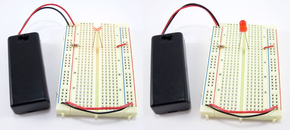 Two photos of a breadboard with a lit LED in the left photo and battery leads reversed in the right photo