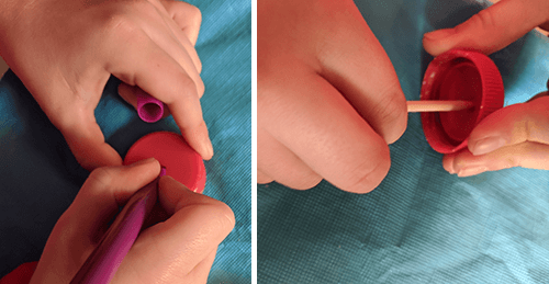 Two images showing student using plastic milk bottle caps to make wheels for a toy car