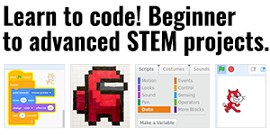 Scratch code, a pixel drawing of a character on graph paper, and a computer sprite for Scratch to represent this collection of activities and lessons about computer programming and coding