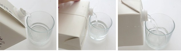 Three images of water being poured into a cup from a spout in a rectangular box