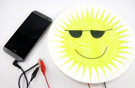 Paper speaker decorated paper plates with alligator clips from circuit going into mobile phone