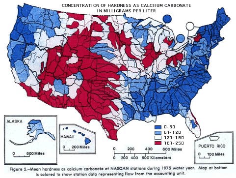 Map of the United States color coded to show groundwater hardness from collection stations across the entire country